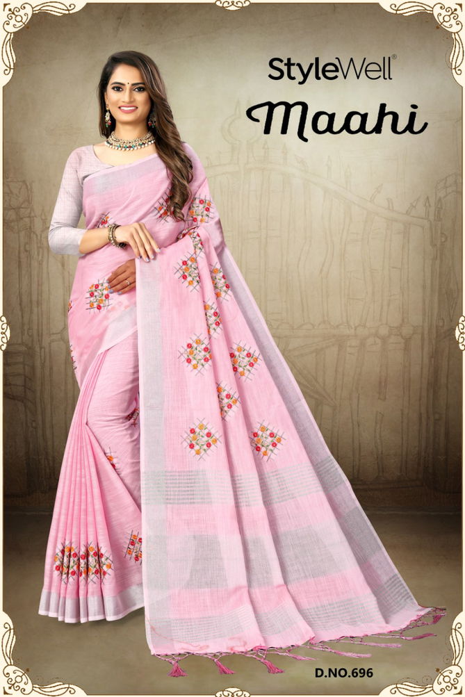 Style Well Maahi  New Exclusive Embroidery on Linen Patta Sarees Collection